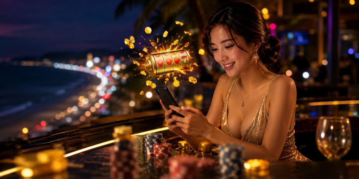 Người chơi slot game tại bãi biển Mũi Né trên điện thoại di động